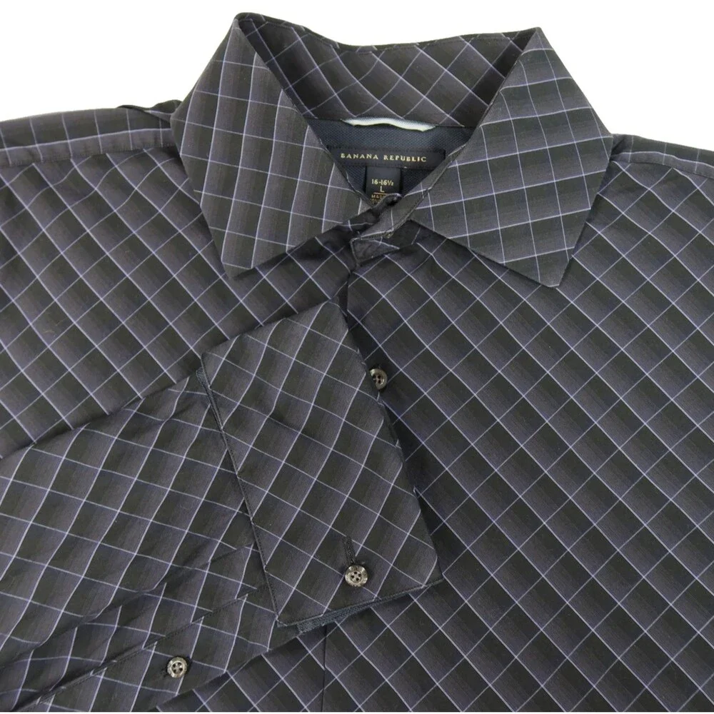 Banana Republic Dress Shirt Men's Size Large French Cuffs Black with Blue Check